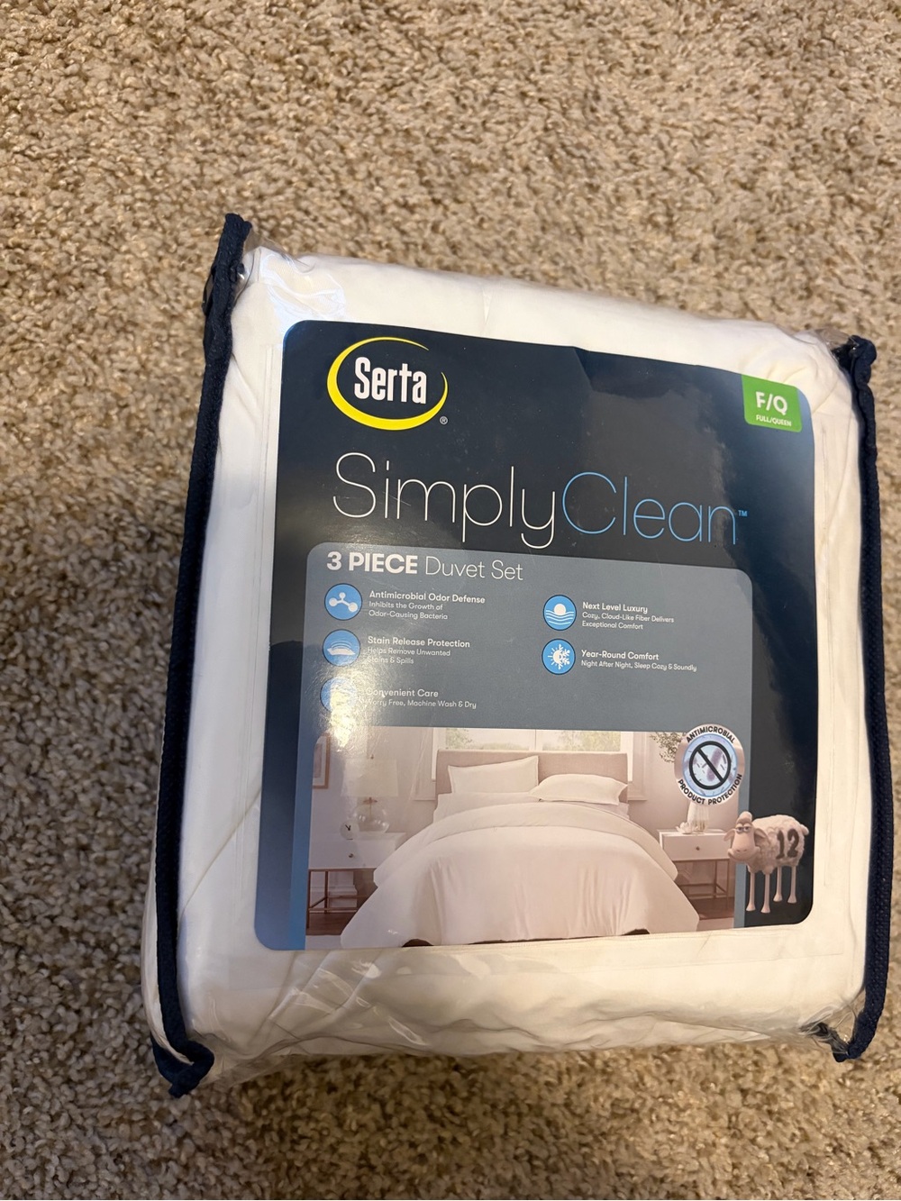 SERTA Simply Clean 3 Piece Solid Duvet Cover Set, White, Full/Queen NEW